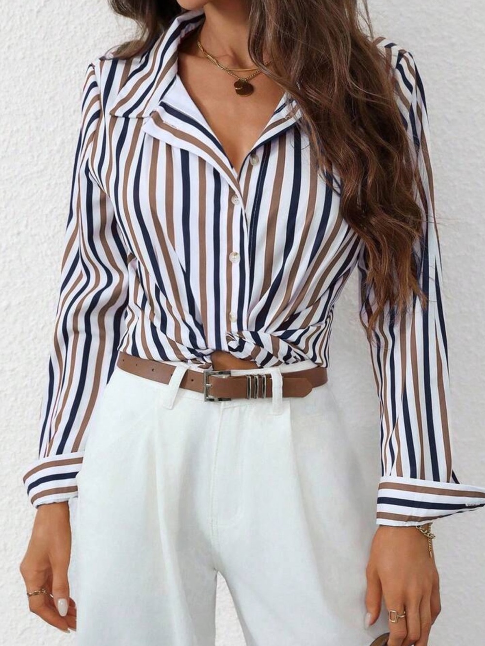 EMERY ROSE Striped Button Front Blouse - Size M Neutral Office Coastal Chic